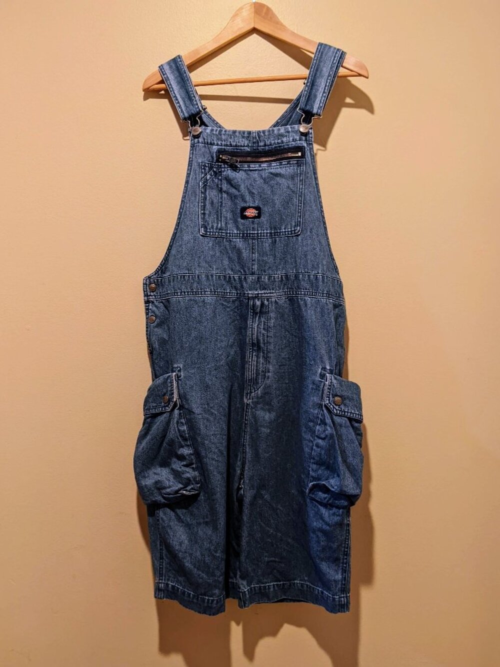 Dickies 90s Women’s Dark Denim Blue Wash Cotton Short Bib Overalls pocket Size M